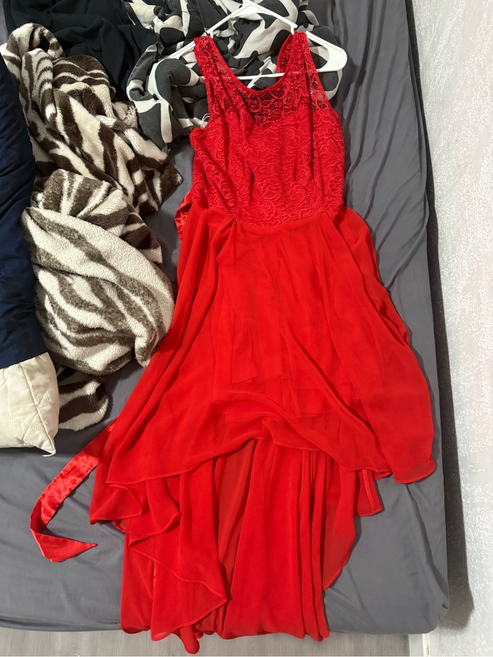 Red Dress Boutique Red Lace High-Low Chiffon Gown